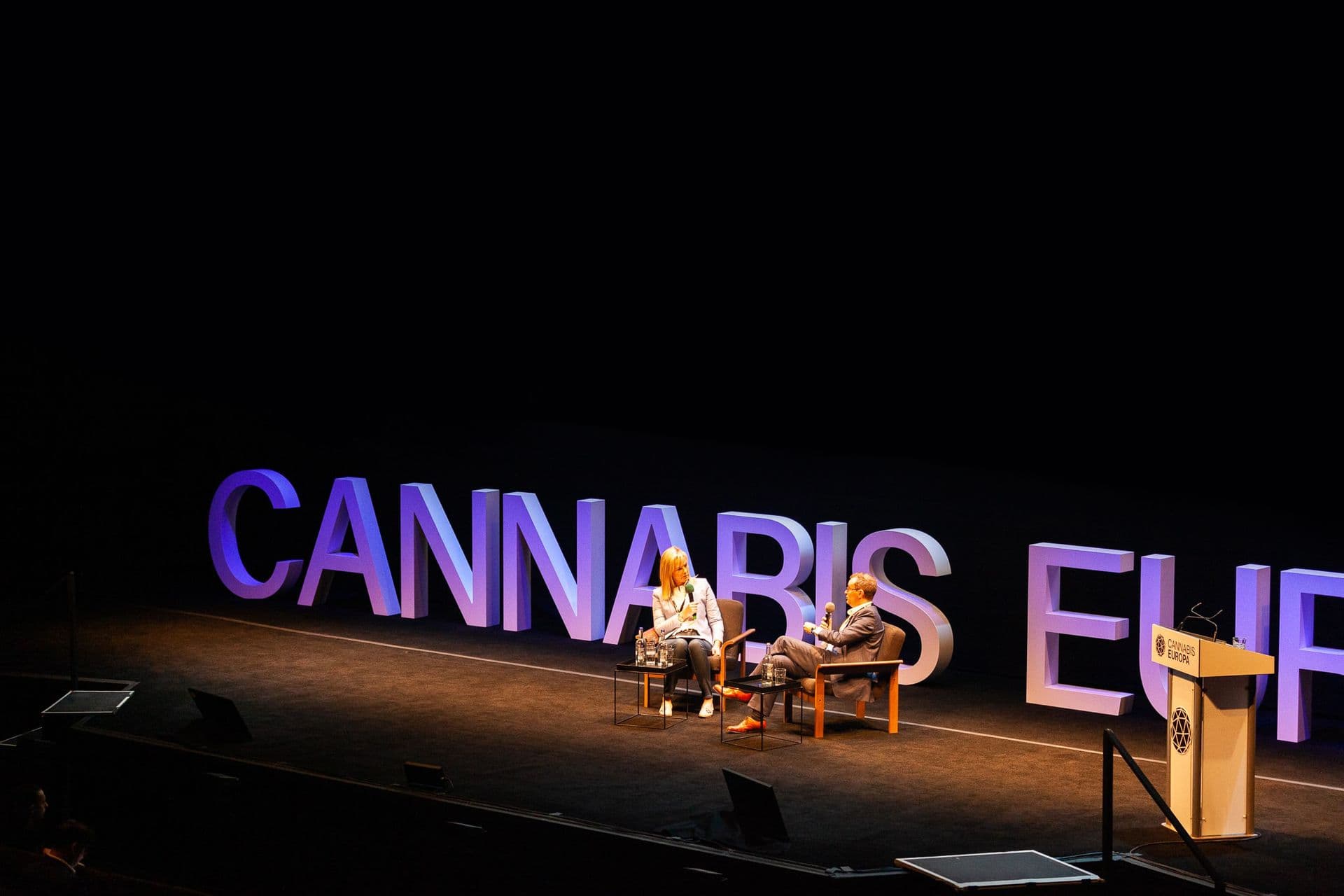 The Cannabis Europa main stage — a fireside session in front of the giant letters